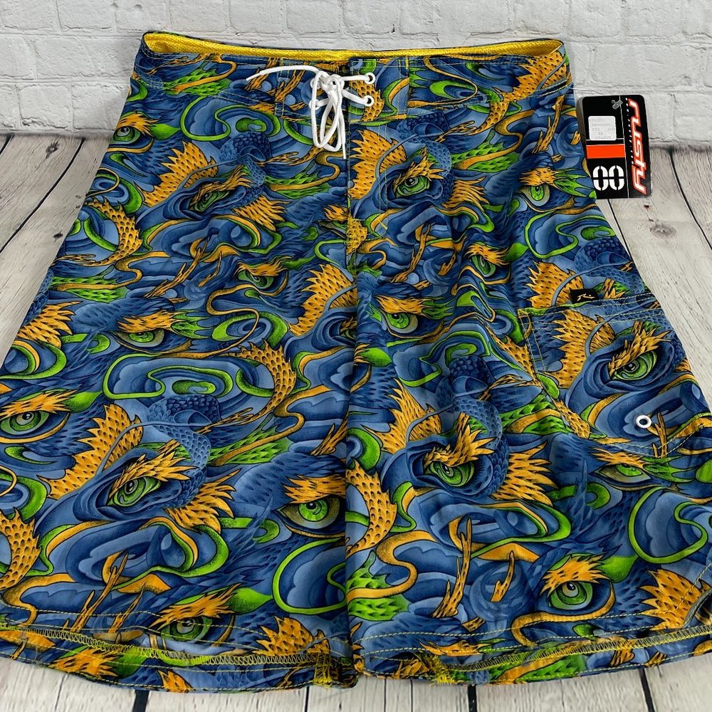 NWT VINTAGE 90'S RUSTY MEN'S AOP DRAGONS HYBRID BOARD SHORTS SIZE 33